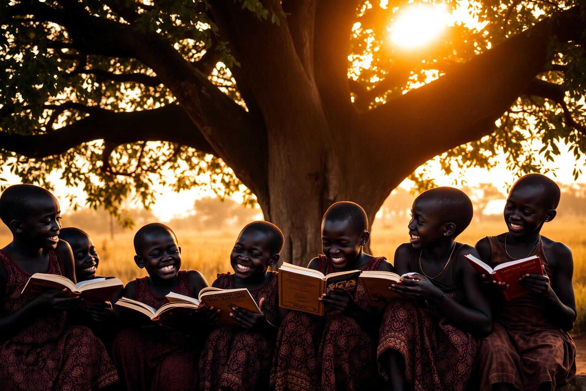 Enfants riant sous un arbre au coucher du soleil